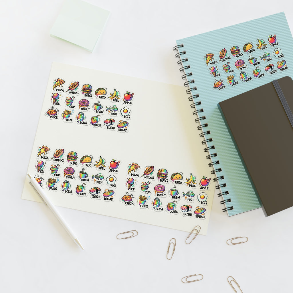 Die-cut mini snacks sticker sheet with colorful fruit and fast-food icons in neat rows