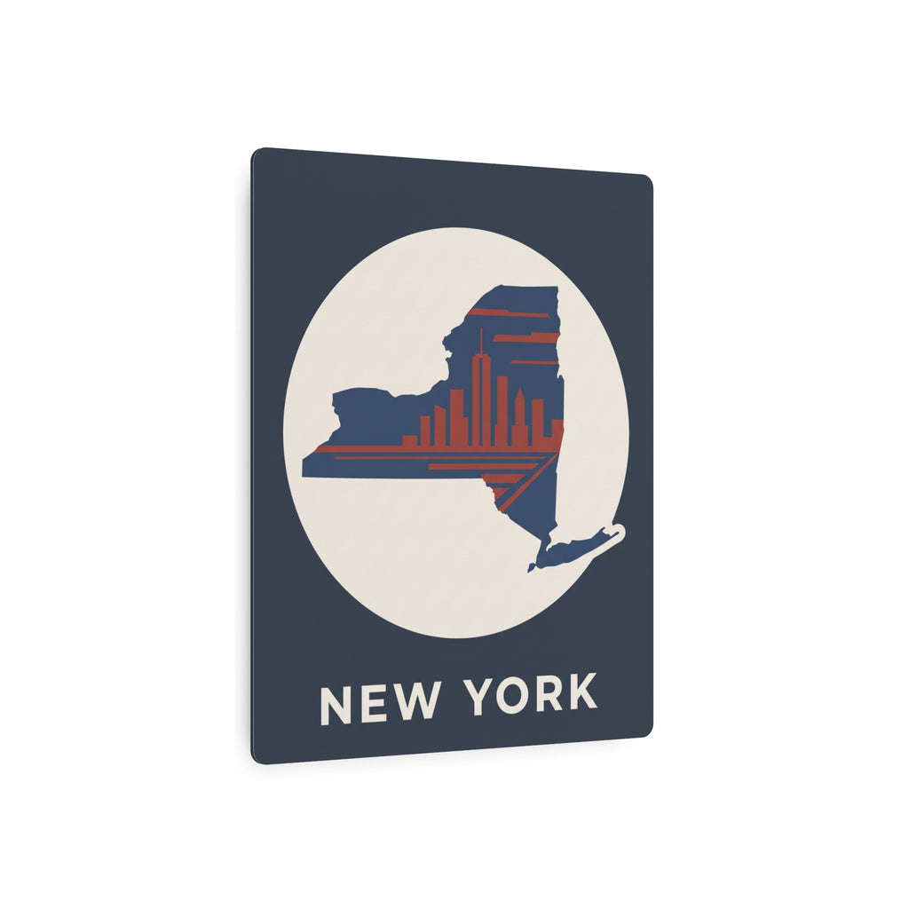 Dark blue square metal wall sign with circular New York outline, skyline, and NEW YORK
