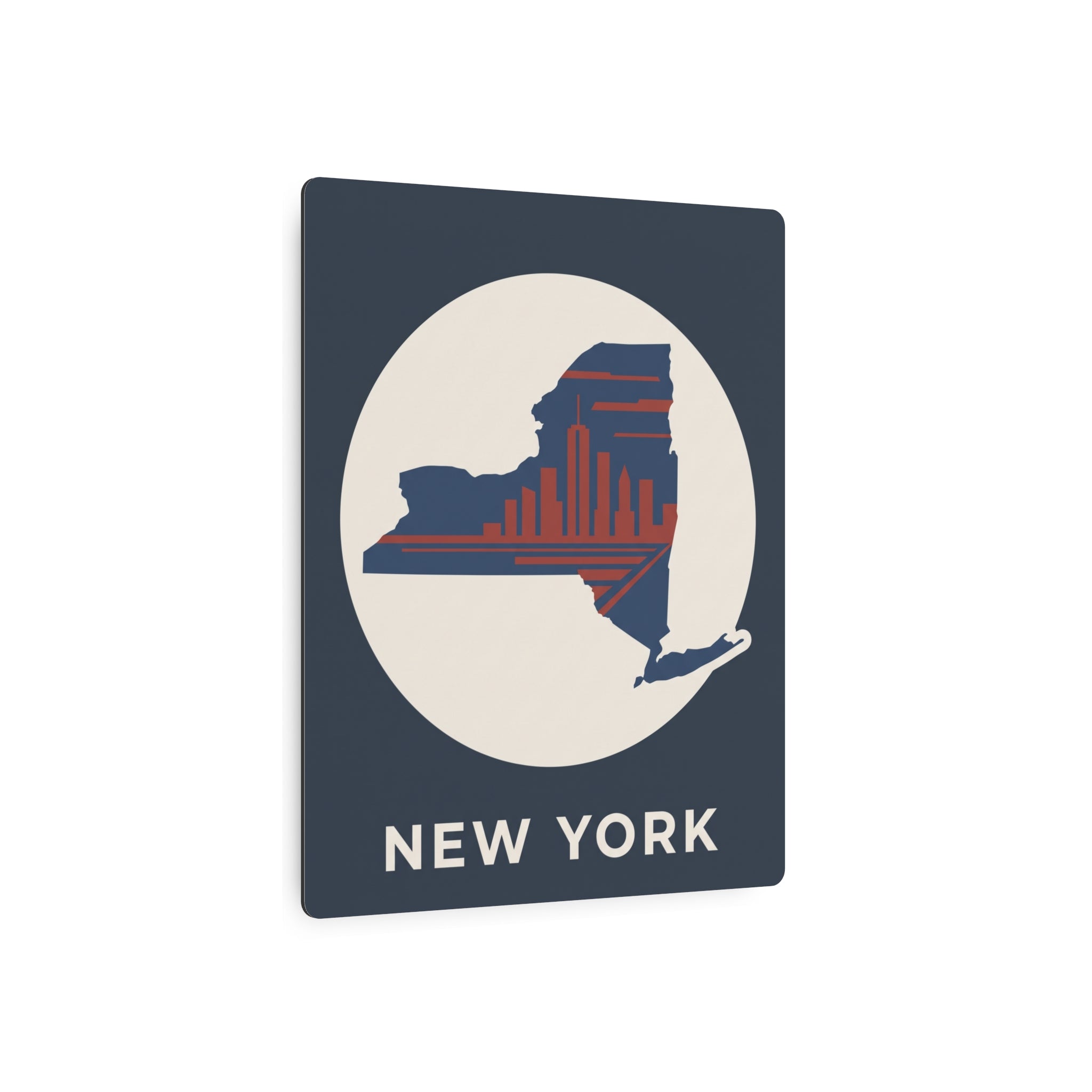 Dark blue square metal wall sign with circular New York outline, skyline, and NEW YORK