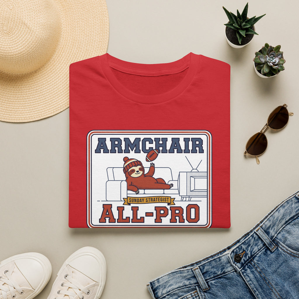 Red crewneck graphic t-shirt with sloth mascot and "ALL-PRO" text