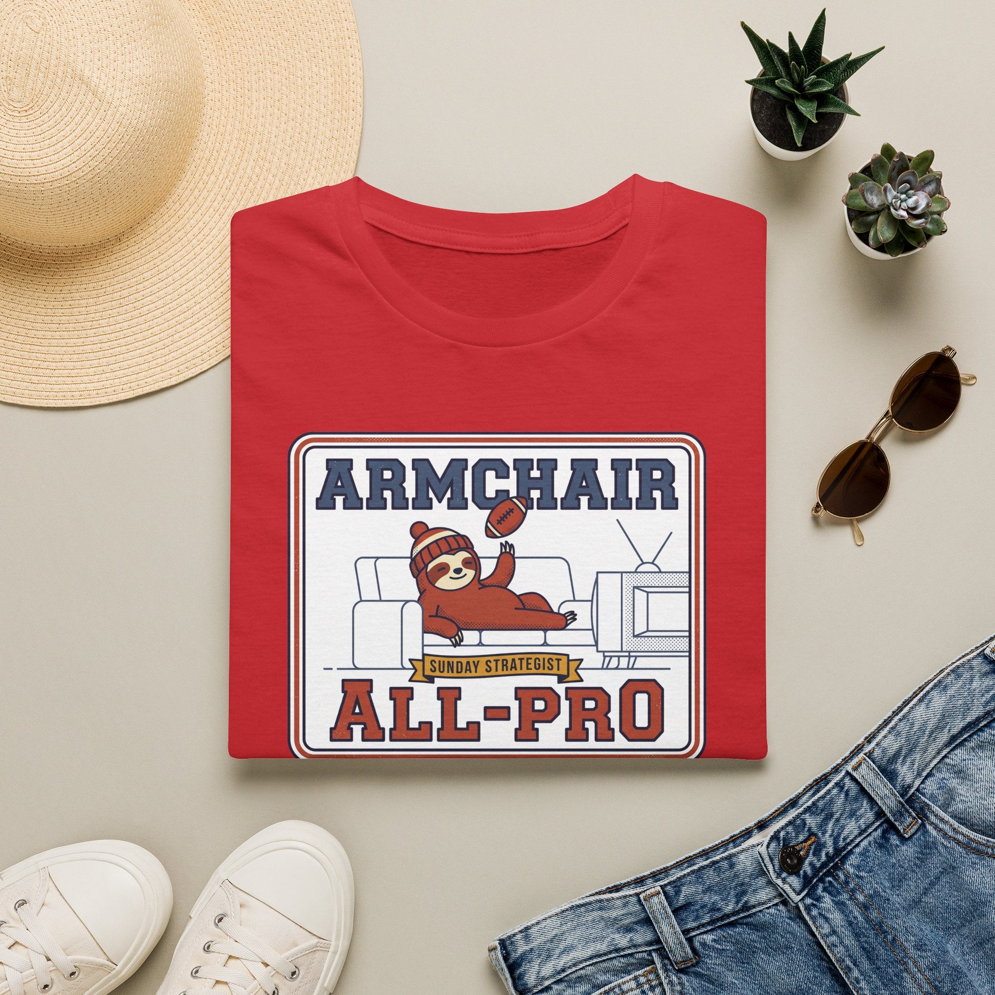 Red crewneck graphic t-shirt with sloth mascot and "ALL-PRO" text