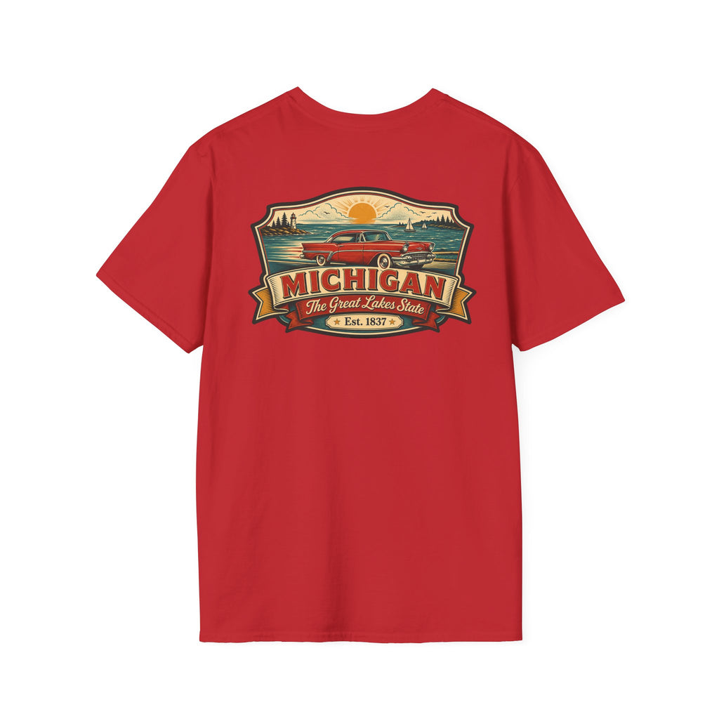 Red T-shirt with Michigan emblem and red car graphic on front