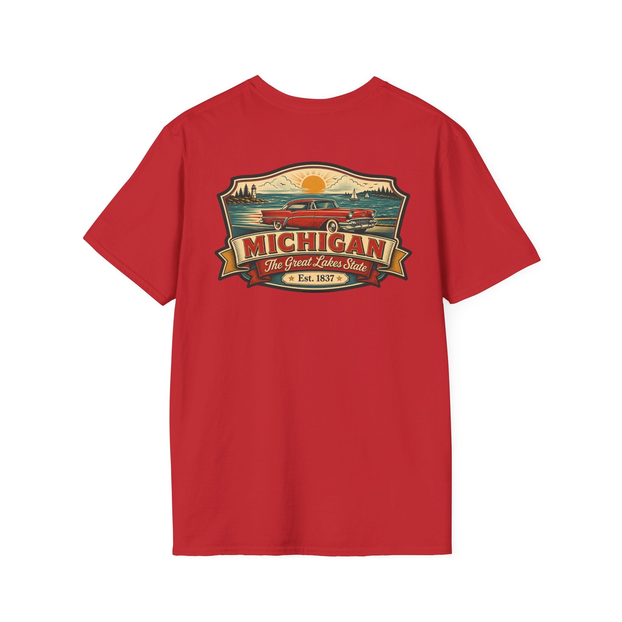 Red T-shirt with Michigan emblem and red car graphic on front
