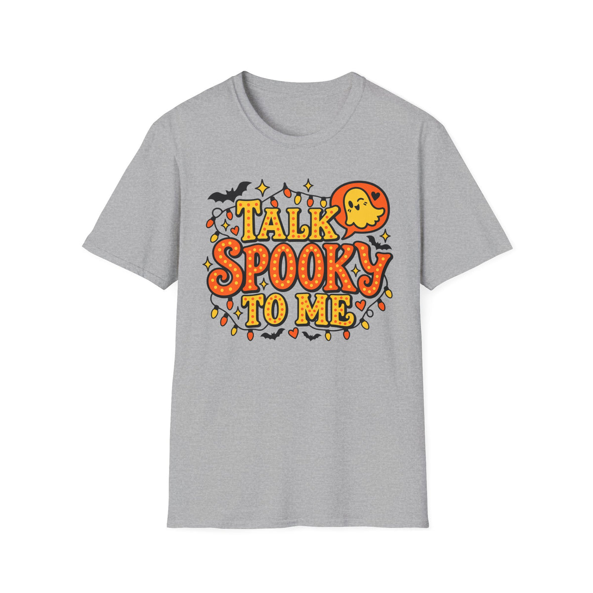 Light gray Halloween t-shirt with 'Talk Spooky to Me' ghost graphic