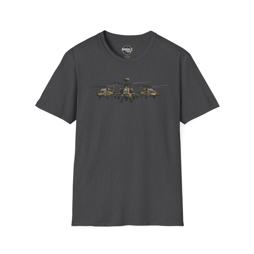 Dark heather T-shirt with Apache helicopter formation graphic across the chest