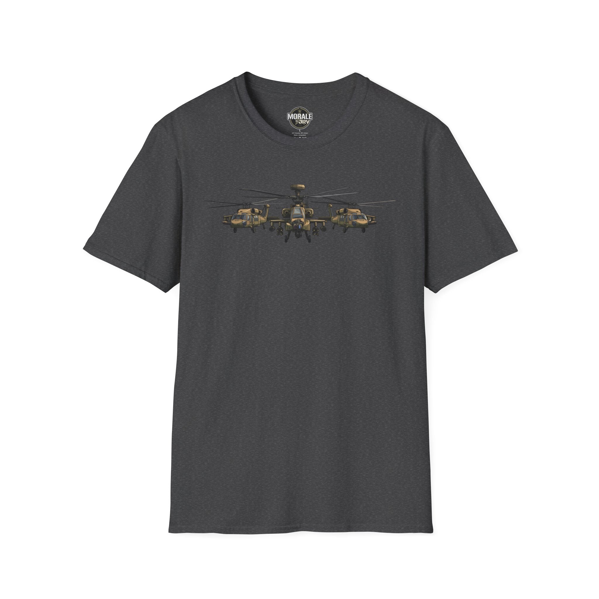 Dark heather T-shirt with Apache helicopter formation graphic across the chest