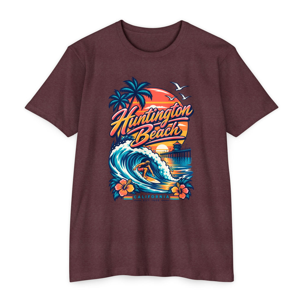 Maroon T-shirt with surf wave, palm trees, and sunset graphic