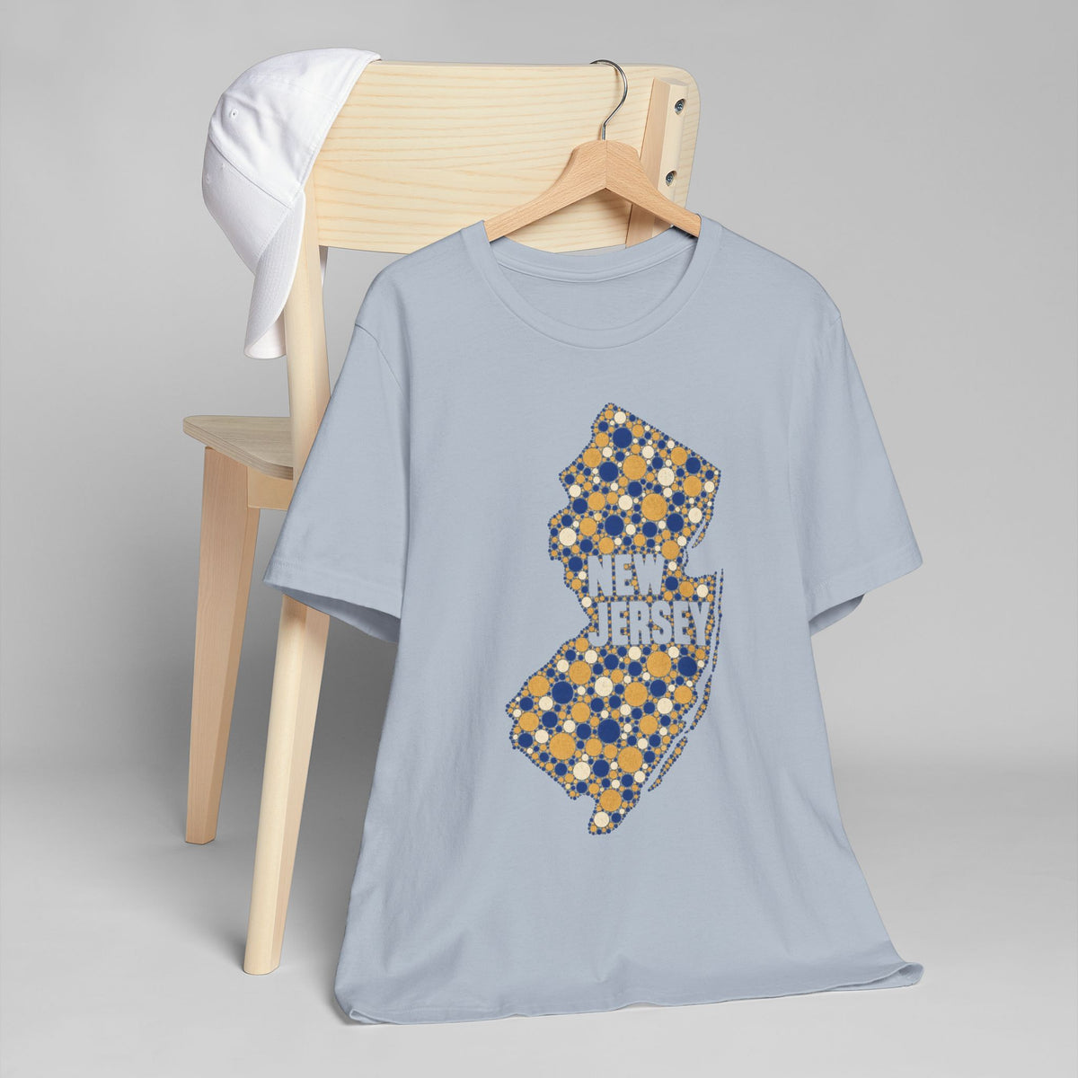 Light blue crewneck T-shirt with dotted New Jersey floral map graphic