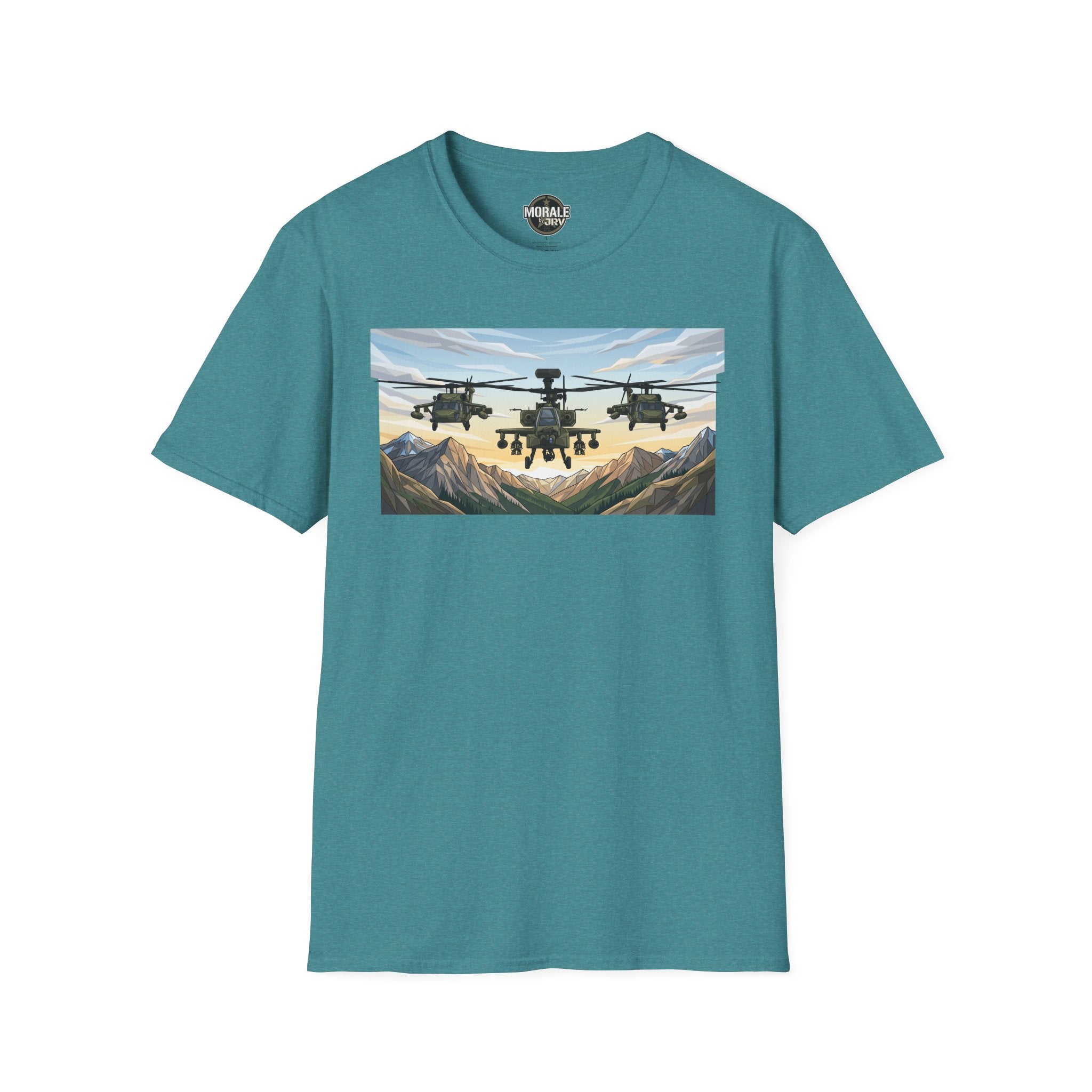 Heather Sapphire T-shirt with colorful helicopter graphic over mountain valley