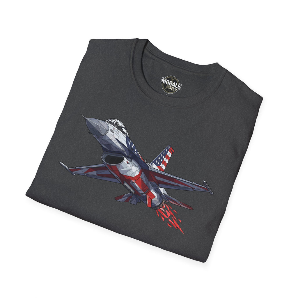 Dark gray T-shirt with F-16 fighter jet and American flag graphic