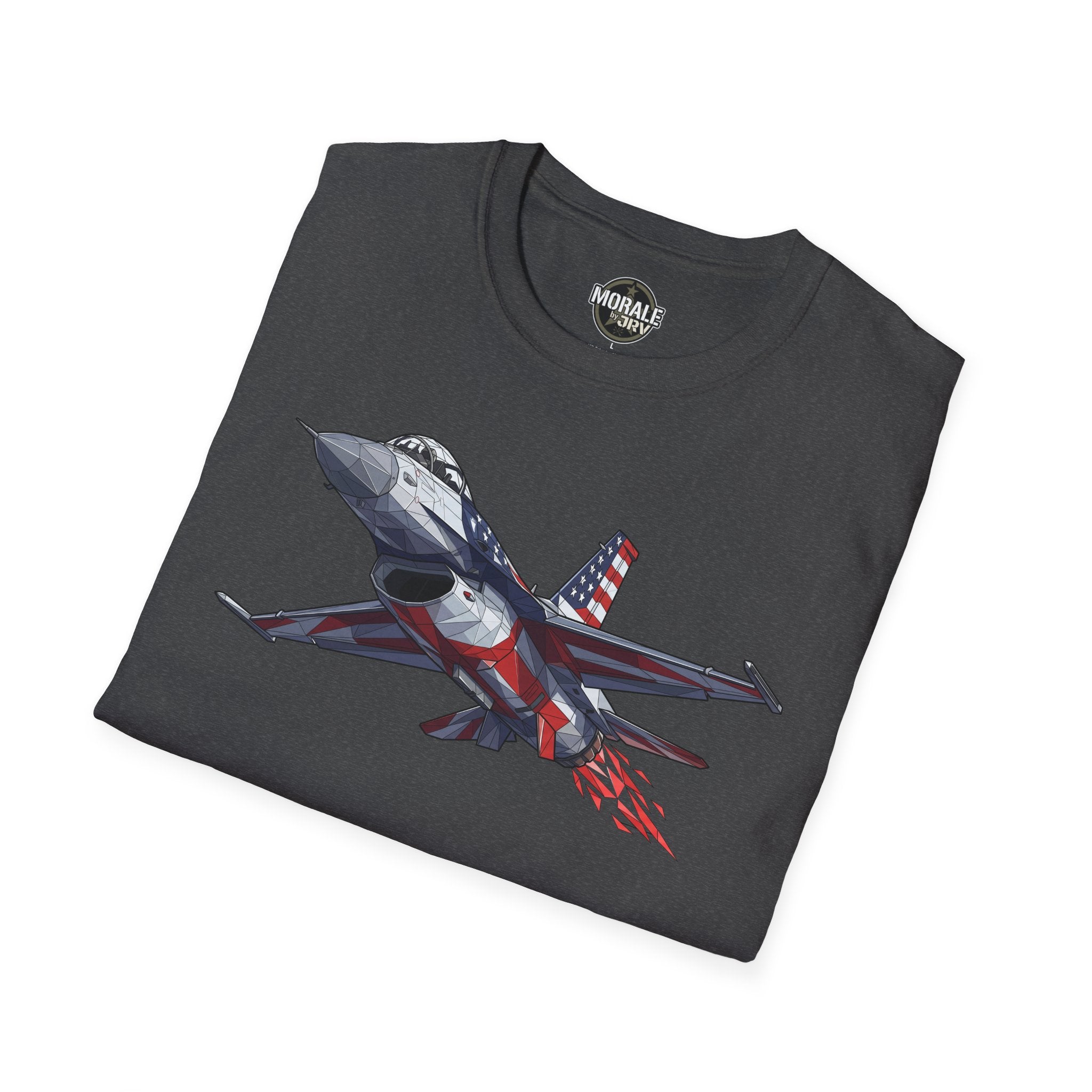 Dark gray T-shirt with F-16 fighter jet and American flag graphic