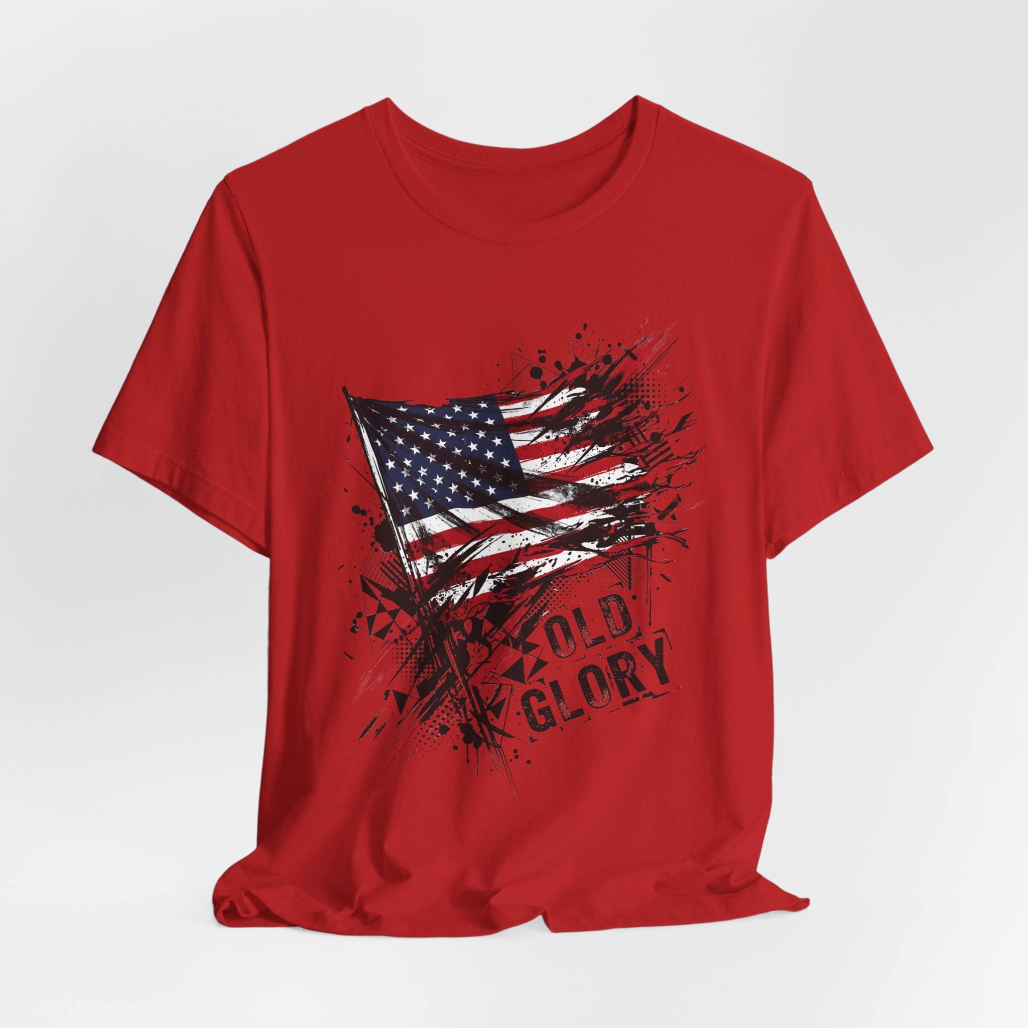 Red T-shirt with distressed American flag and “Old Glory” text on chest