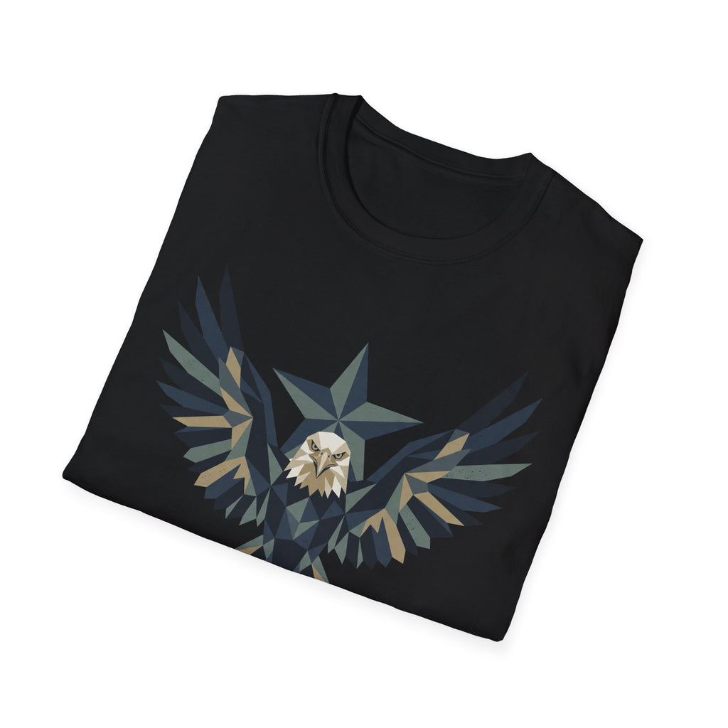 Black crew-neck t-shirt with geometric bald eagle graphic centered on front