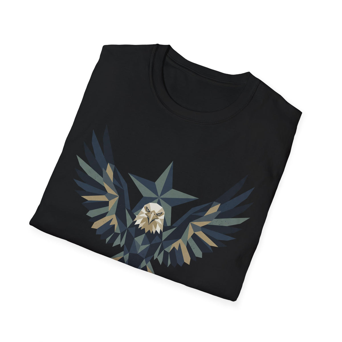 Black crew-neck t-shirt with geometric bald eagle graphic centered on front
