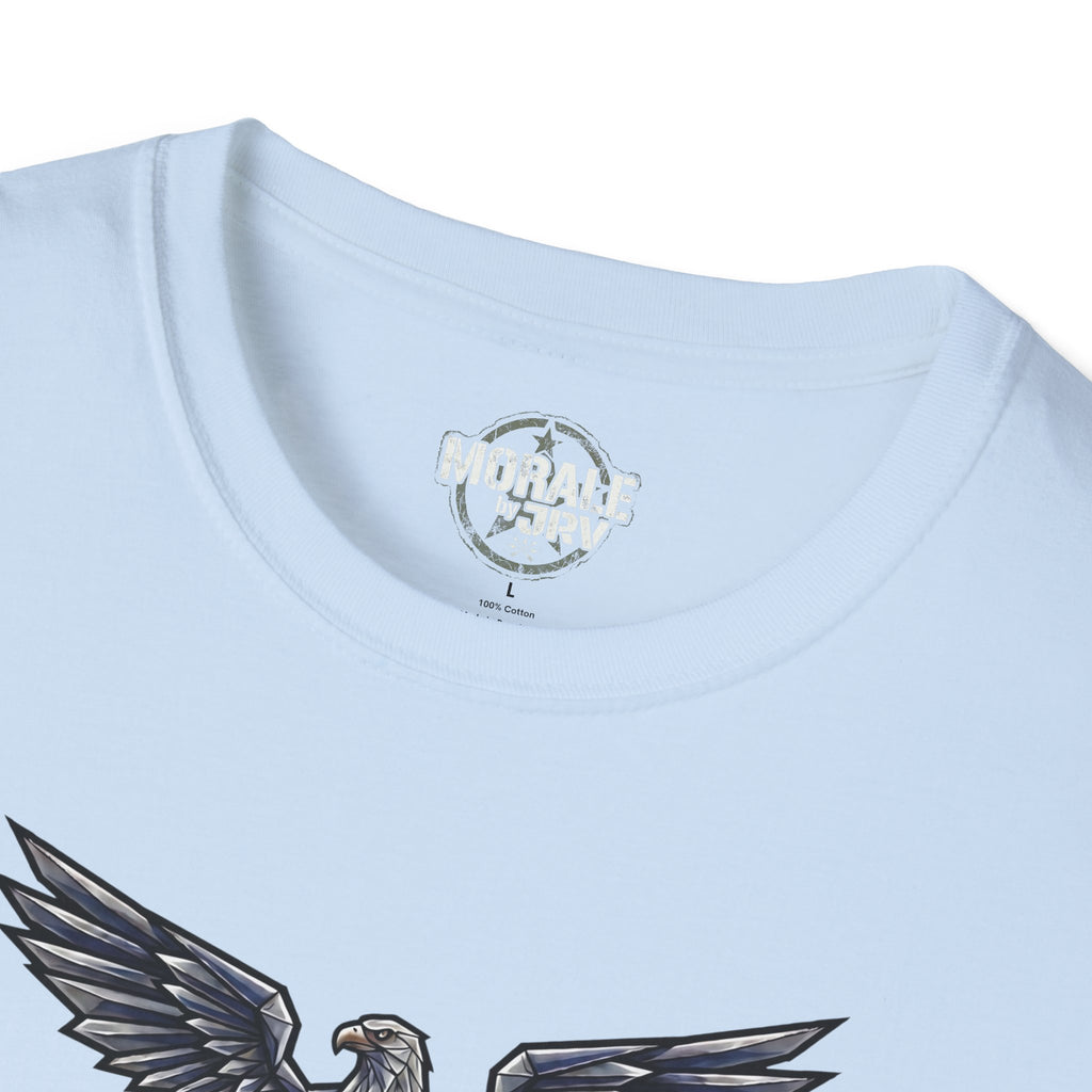 Light blue T-shirt neckline with “MORALE by TRI” label