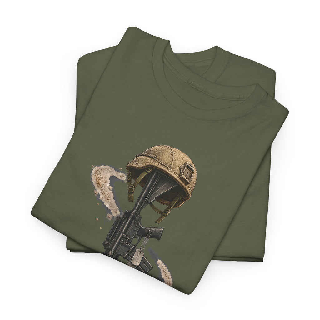 Military green crewneck T-shirt with helmet-and-rifle graphic on the front