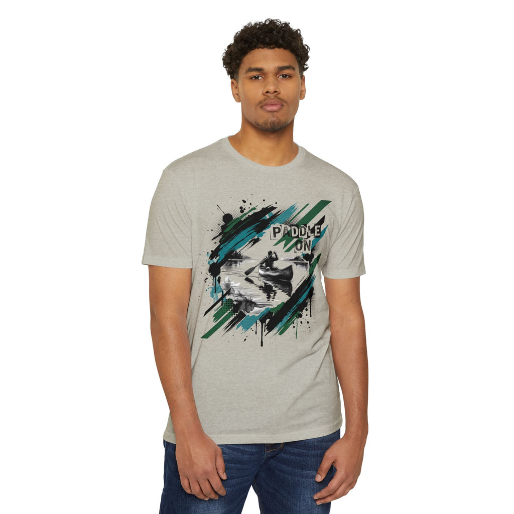 Light gray crewneck T-shirt with kayak paddle graphic and 'PADDLE ON' text.