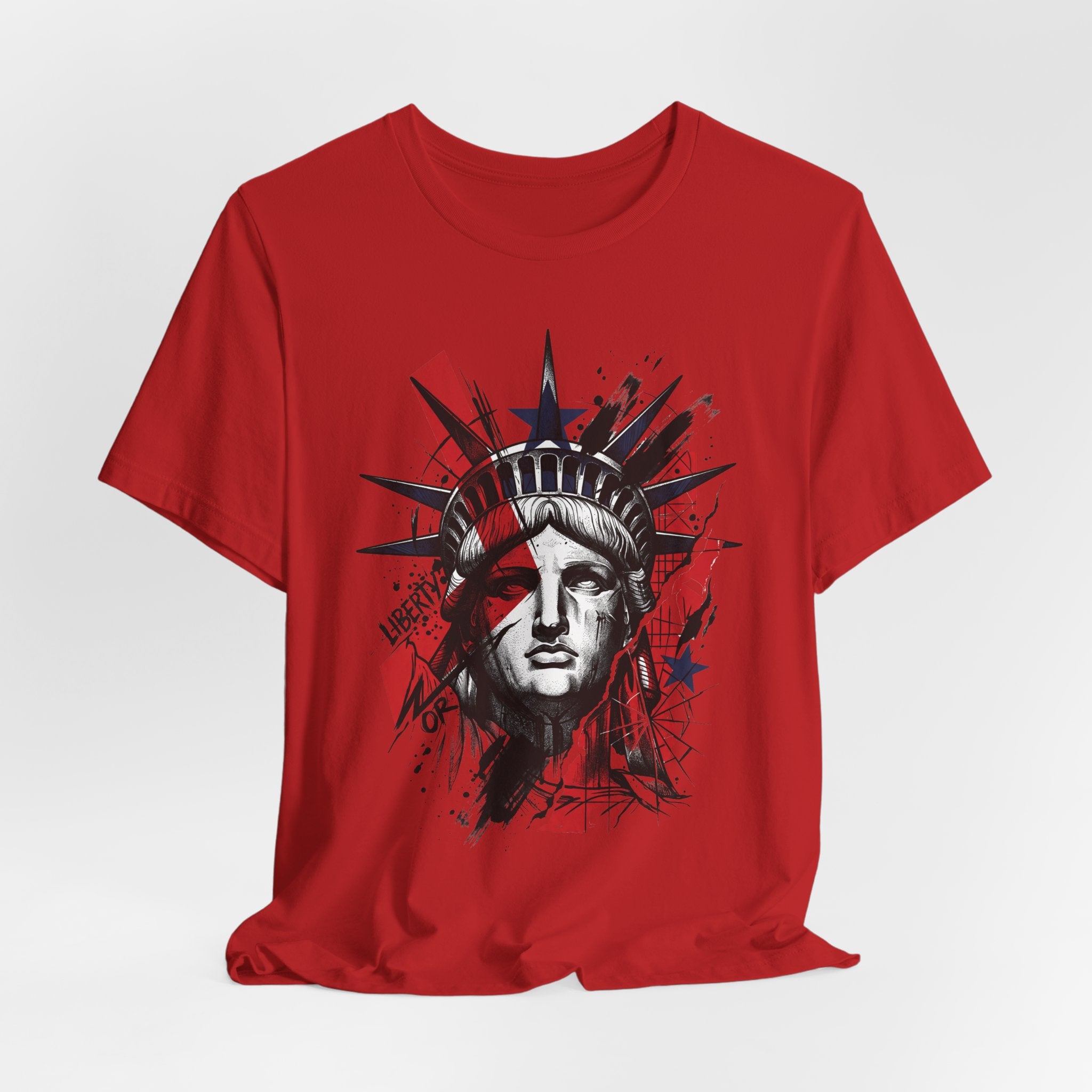 Red graphic T-shirt with Liberty Statue face splash print