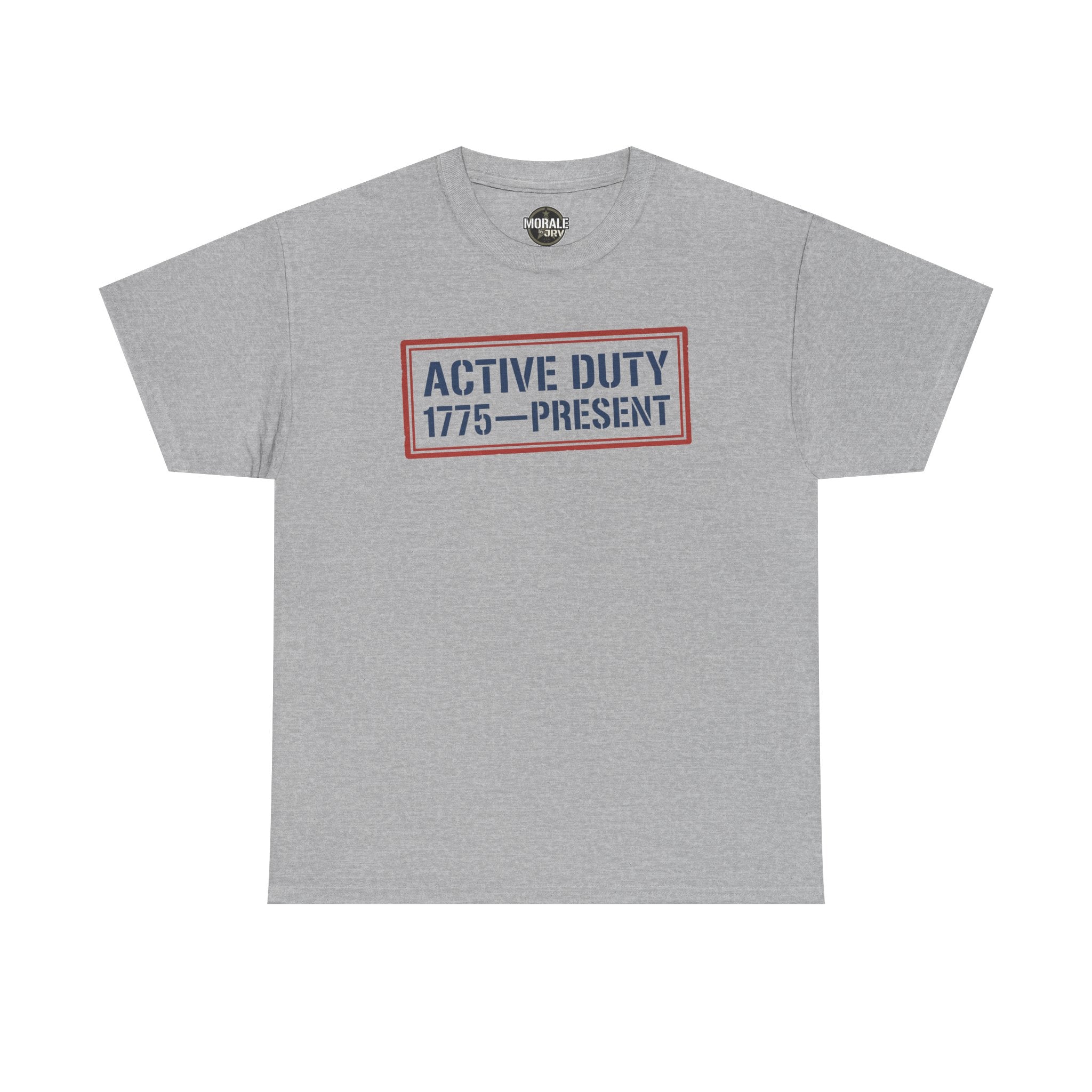 Light gray crew neck tee with red and blue “Active Duty 1775–Present” chest logo