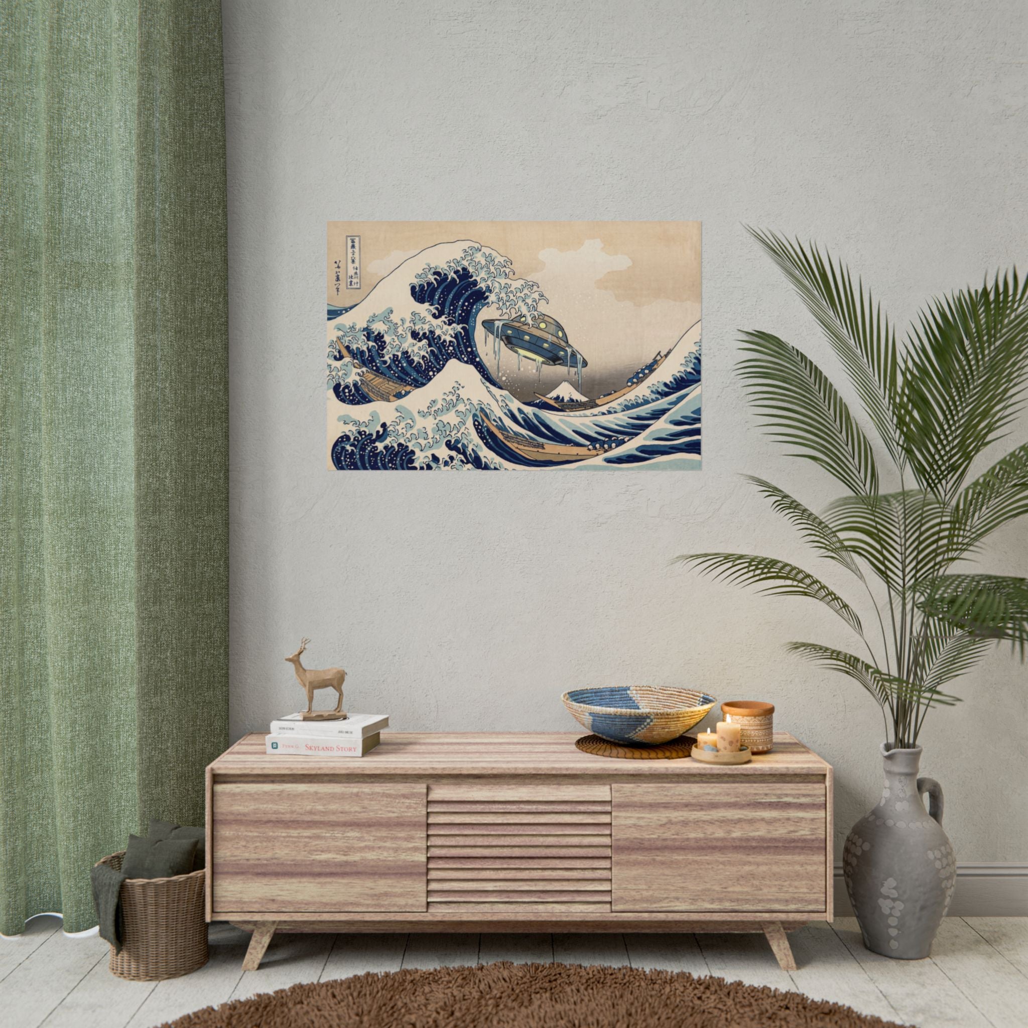 Rolled wave print poster on wall with blue ocean swells and UFO craft illustration