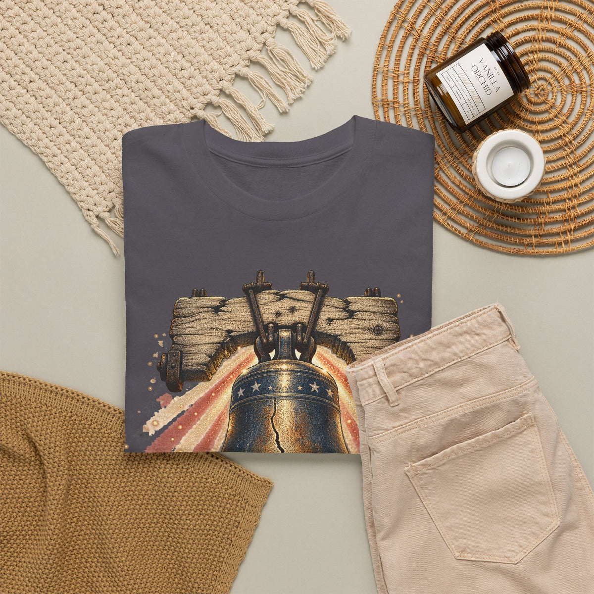 Charcoal t-shirt with Liberty Bell and patriotic banner graphic
