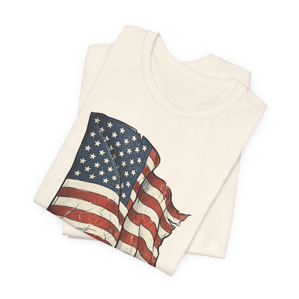 Beige T-shirt with vintage American flag waving graphic, distressed print