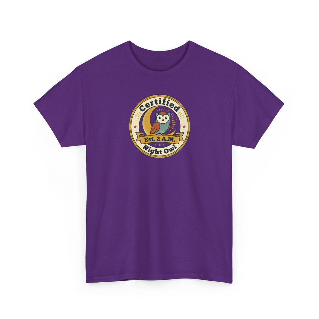Purple T-shirt with 'Certified Night Owl' owl badge graphic on front.
