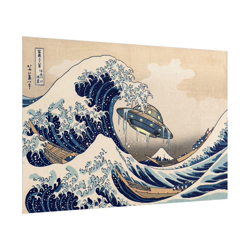 Close-up view of vintage-style poster with blue waves and UFO craft illustration