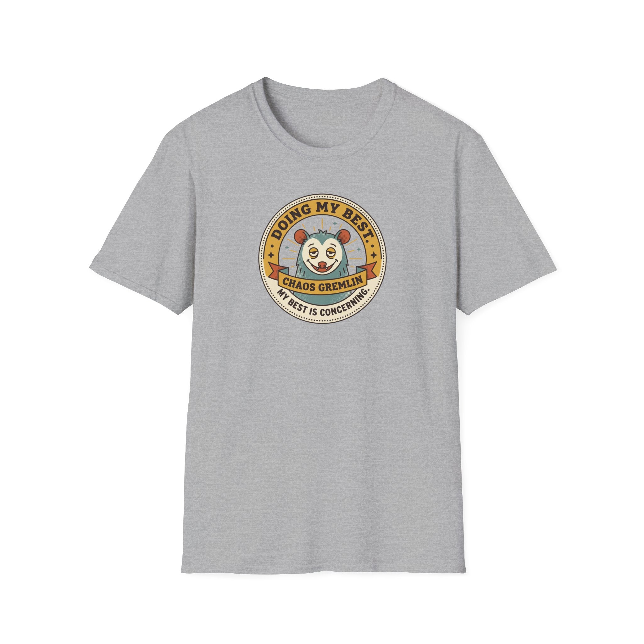 Heather gray short-sleeve T-shirt with circular cartoon graphic at center.