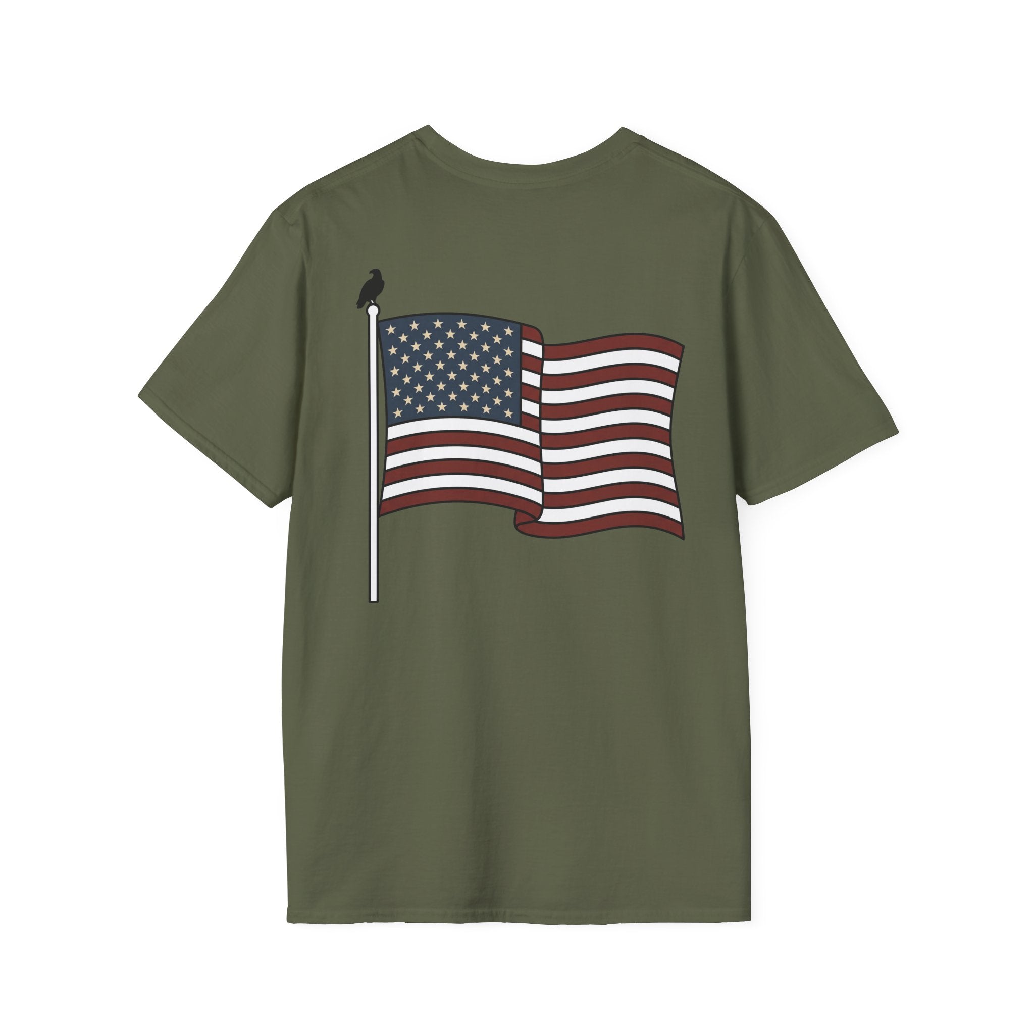 Olive green crewneck T-shirt with waving American flag graphic on front