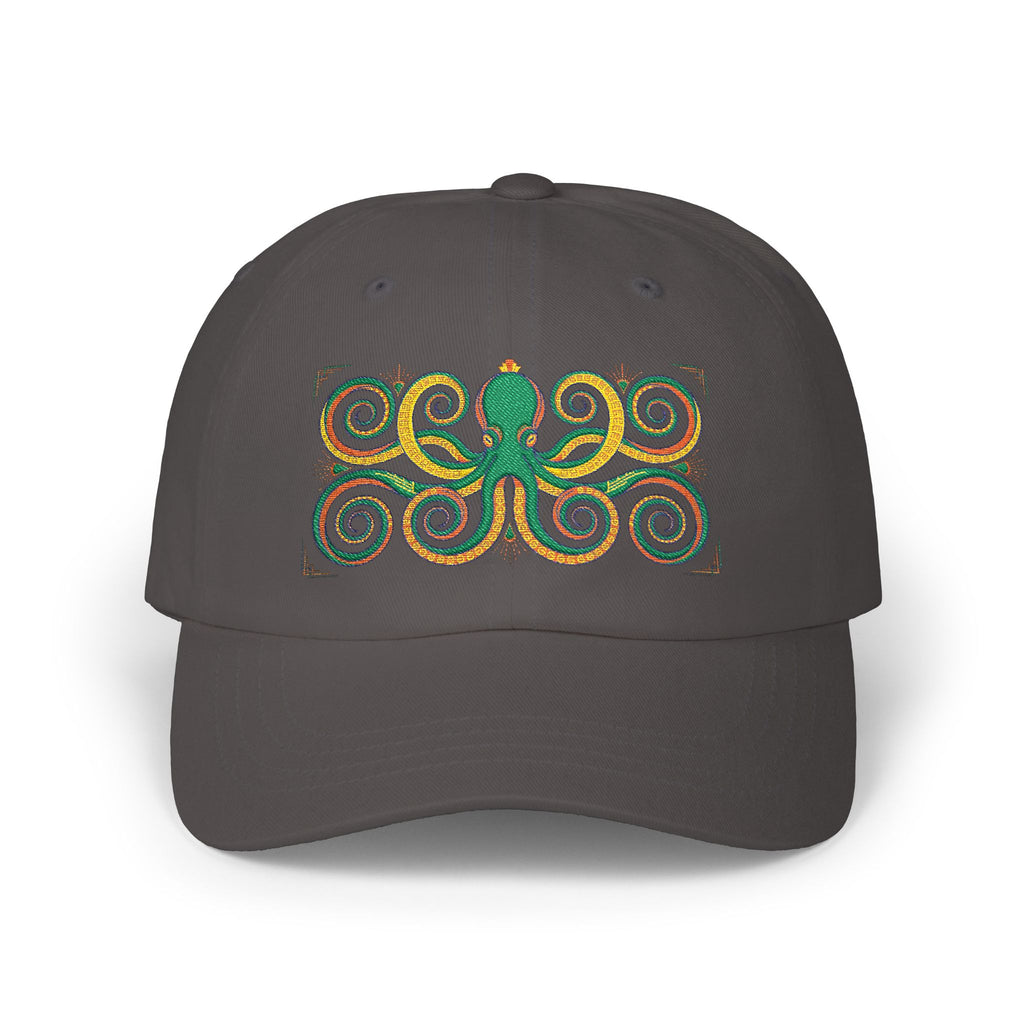 Dark gray dad cap with multicolor octopus swirl embroidery on the front panel