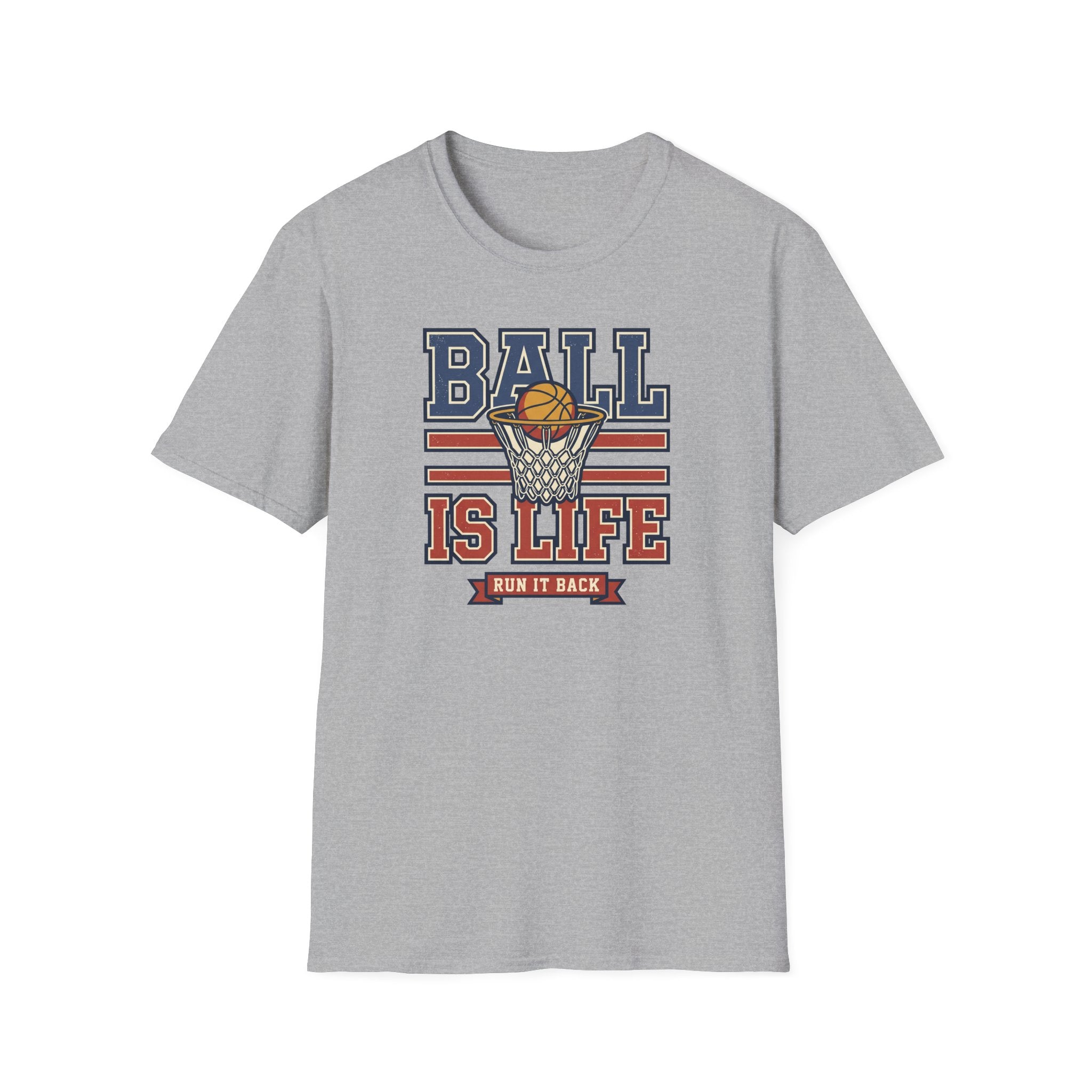 Heather grey basketball T-shirt with retro hoop 'Ball Is Life' graphic
