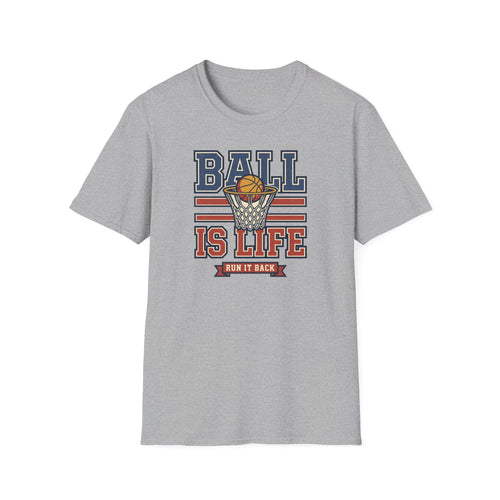 Heather grey basketball T-shirt with retro hoop 'Ball Is Life' graphic