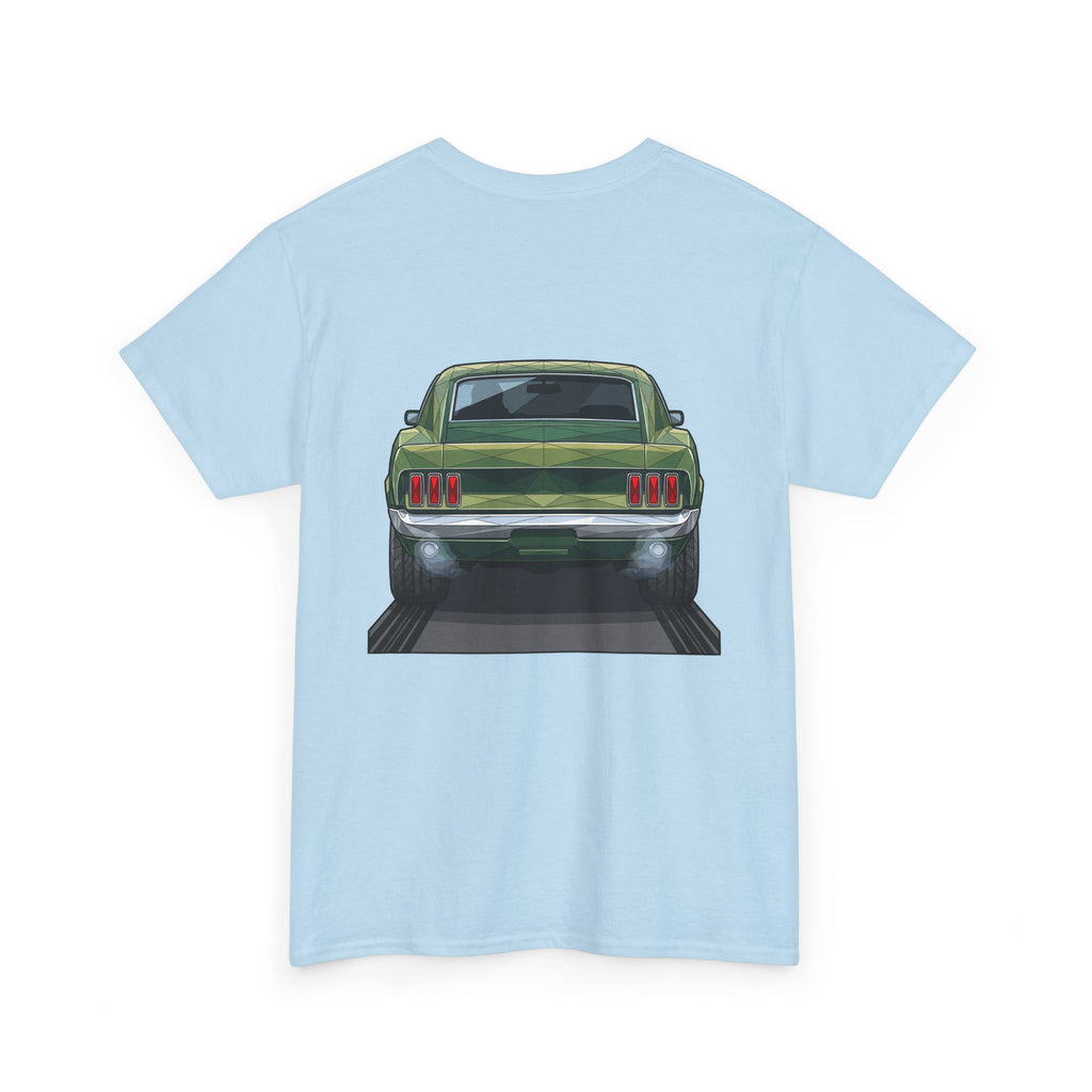 Light blue T-shirt with vintage green muscle car front graphic on chest