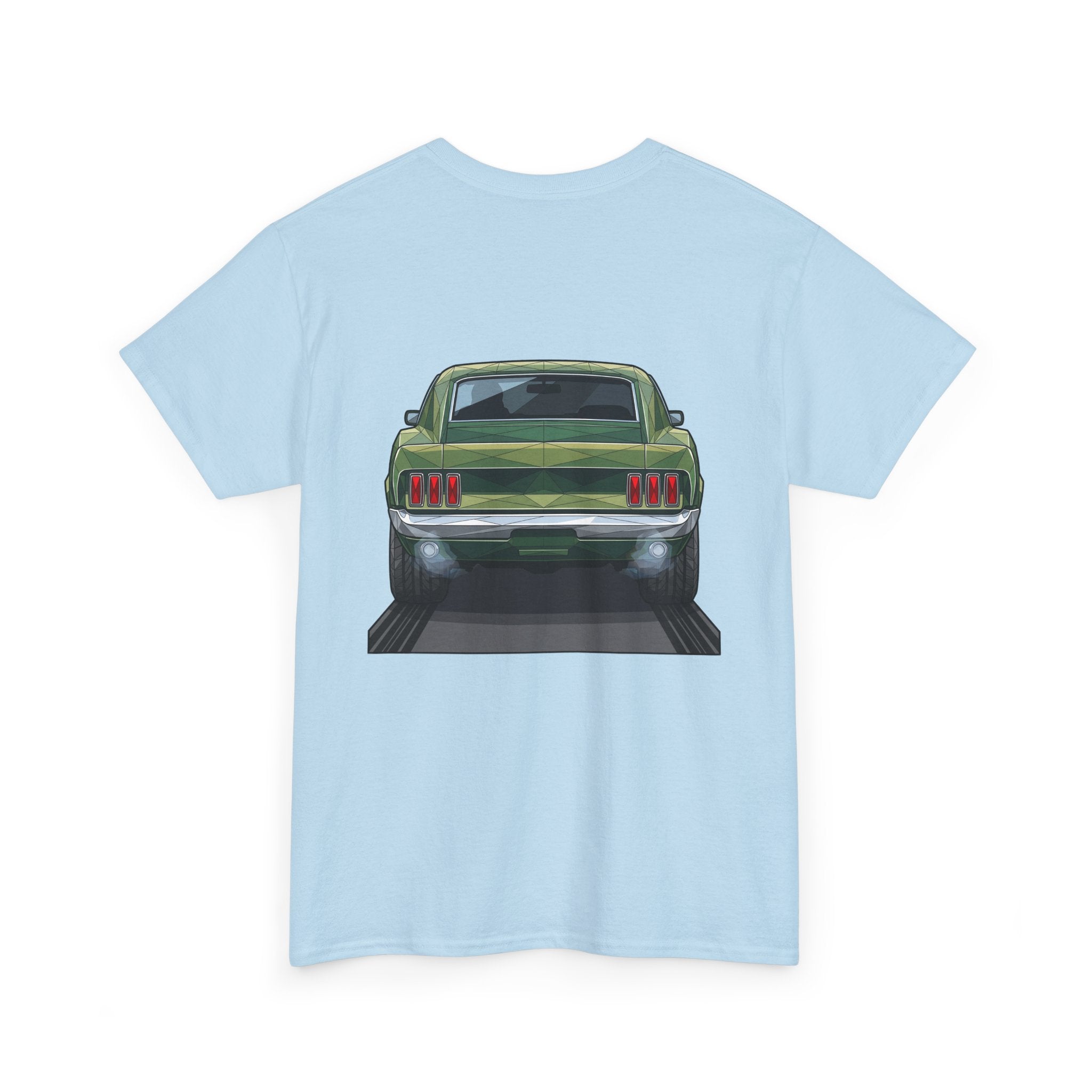 Light blue T-shirt with vintage green muscle car front graphic on chest