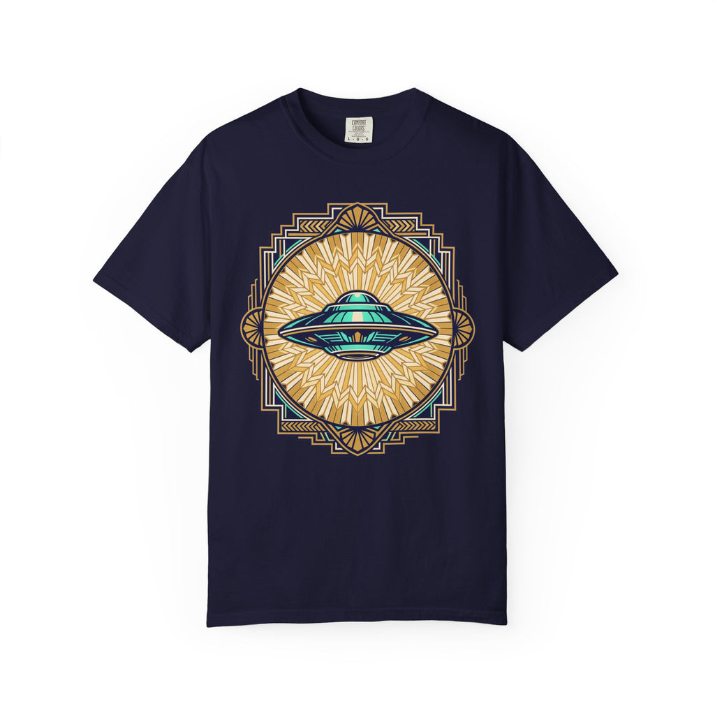 Navy T-shirt with central UFO graphic in blue and gold sunburst design