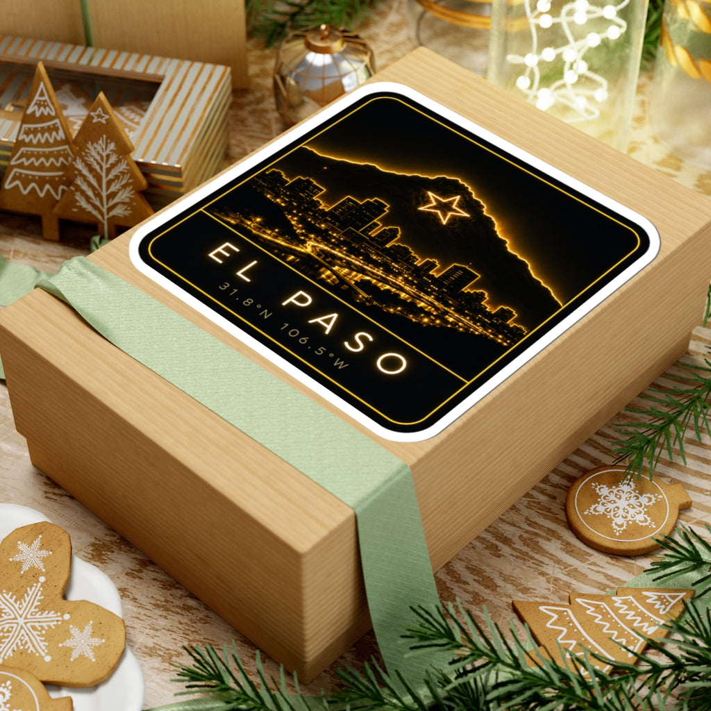 Square kiss-cut sticker featuring neon mountain star over El Paso skyline, coordinates