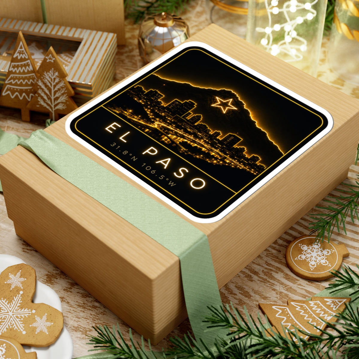 Square kiss-cut sticker featuring neon mountain star over El Paso skyline, coordinates