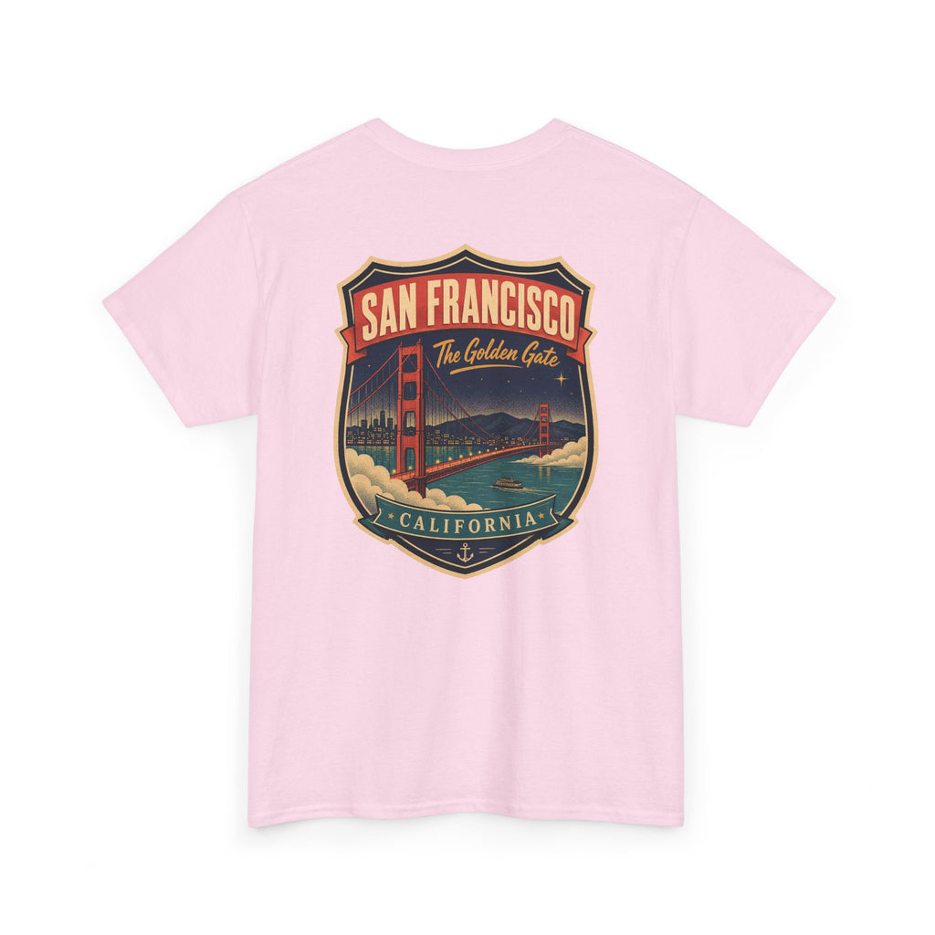 Light pink T-shirt with San Francisco city luggage tag badge graphic