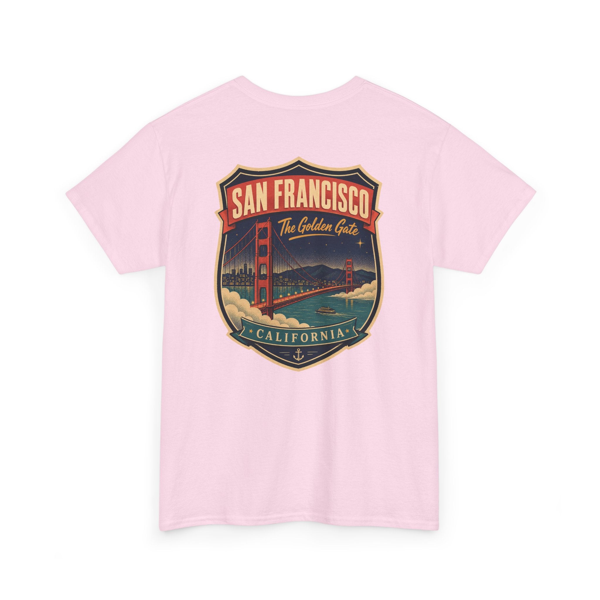 Light pink T-shirt with San Francisco city luggage tag badge graphic