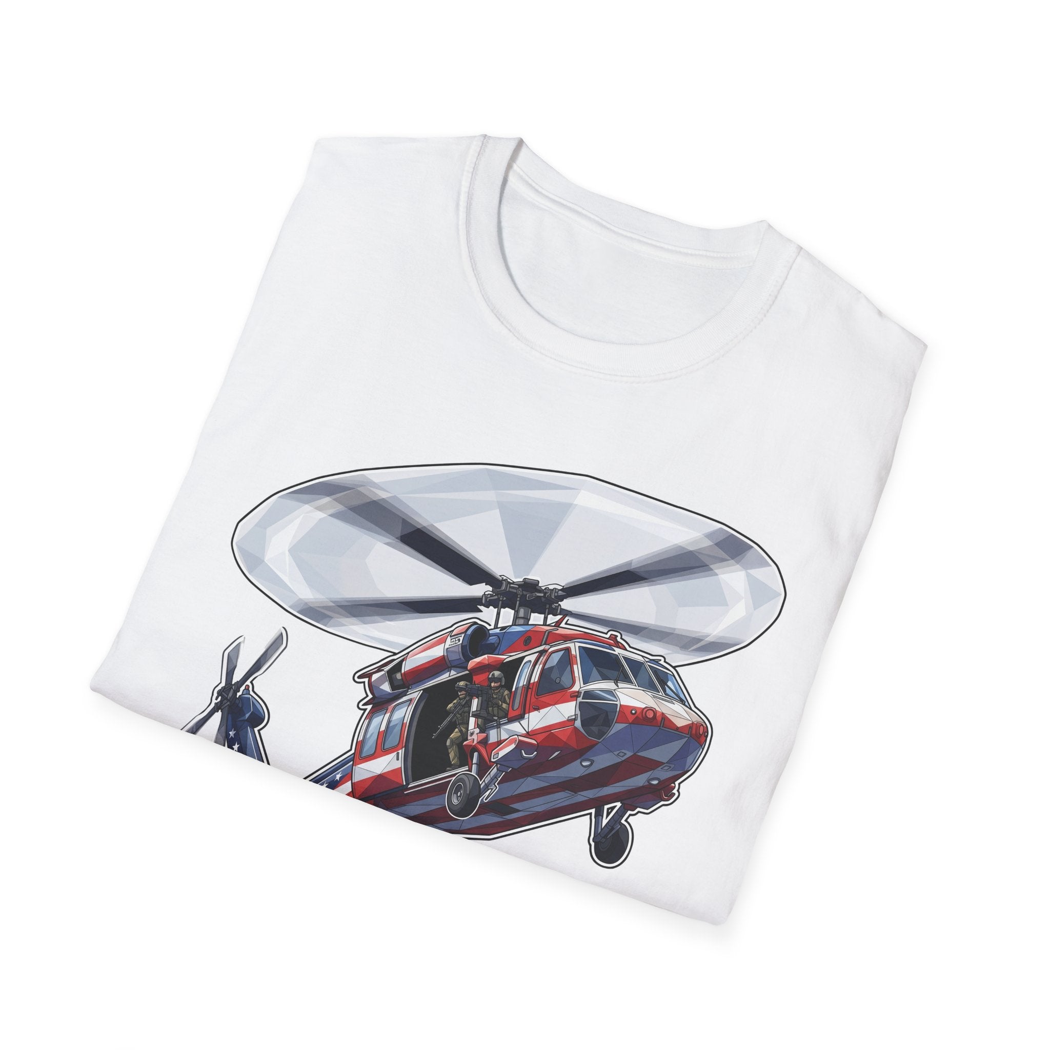 American Flag Rescue Helicopter T-Shirt, weiß mit Hubschrauber-Frontprint