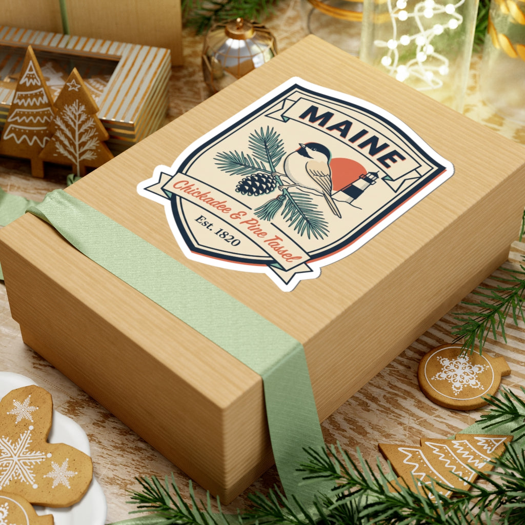 Maine vintage badge decal sticker with chickadee, pine cone, and lighthouse