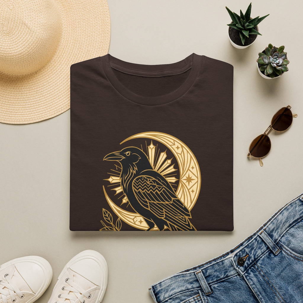 Dark brown raven graphic T-shirt with gold crescent moon and Nevermore emblem