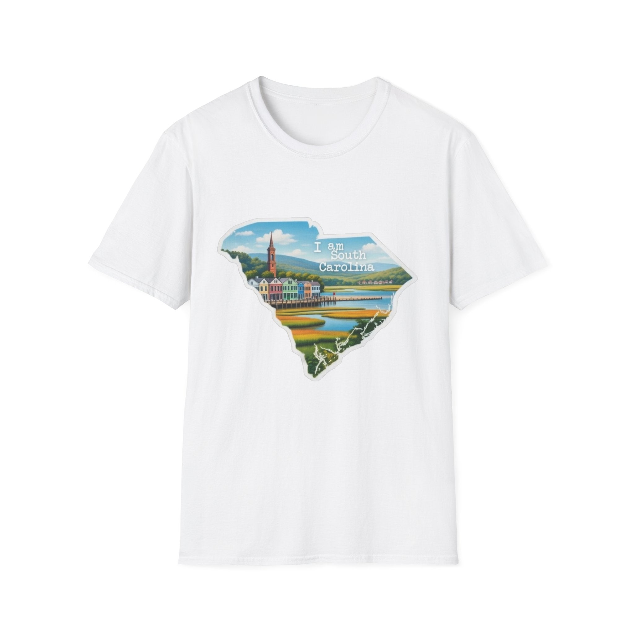 White T-shirt with South Carolina state skyline graphic and “I am South Carolina” text