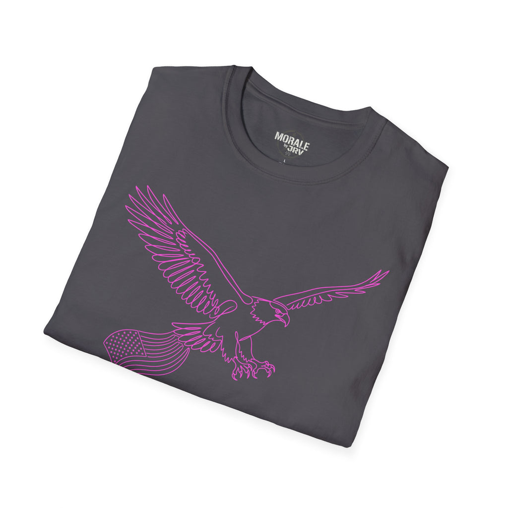 Heathered charcoal T-Shirt with magenta eagle outline and flag-style stripe details