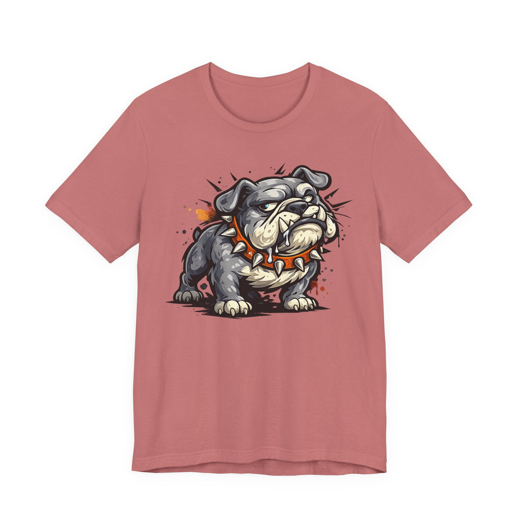 Rose red bulldog graphic T-shirt with snarling cartoon dog illustration