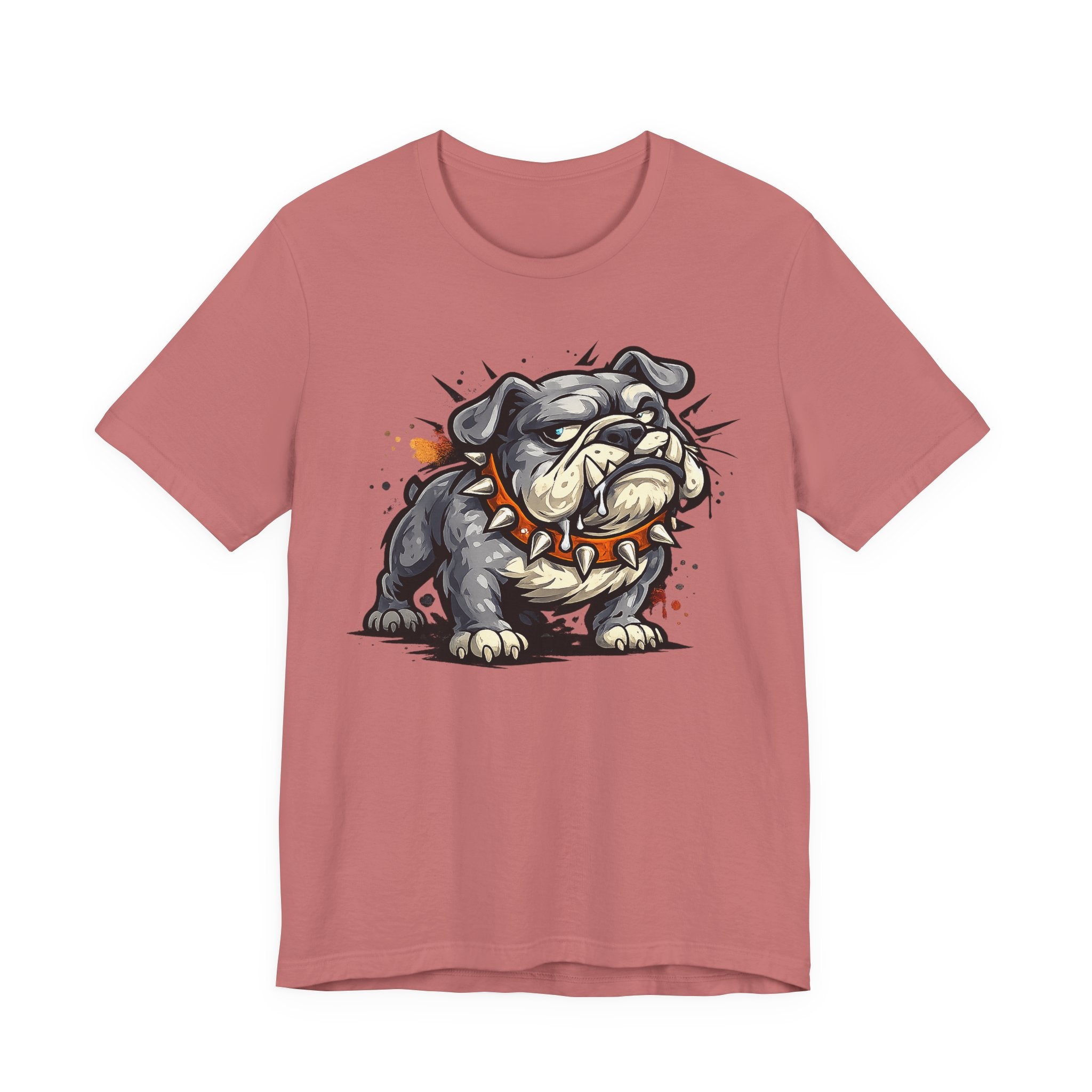 Rose red bulldog graphic T-shirt with snarling cartoon dog illustration