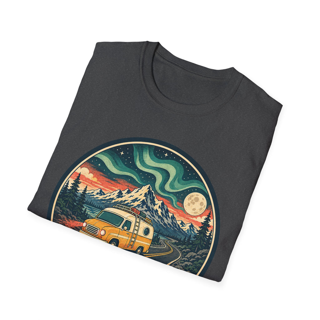 Charcoal unisex T-shirt with circular camper, mountains, moon and aurora graphic