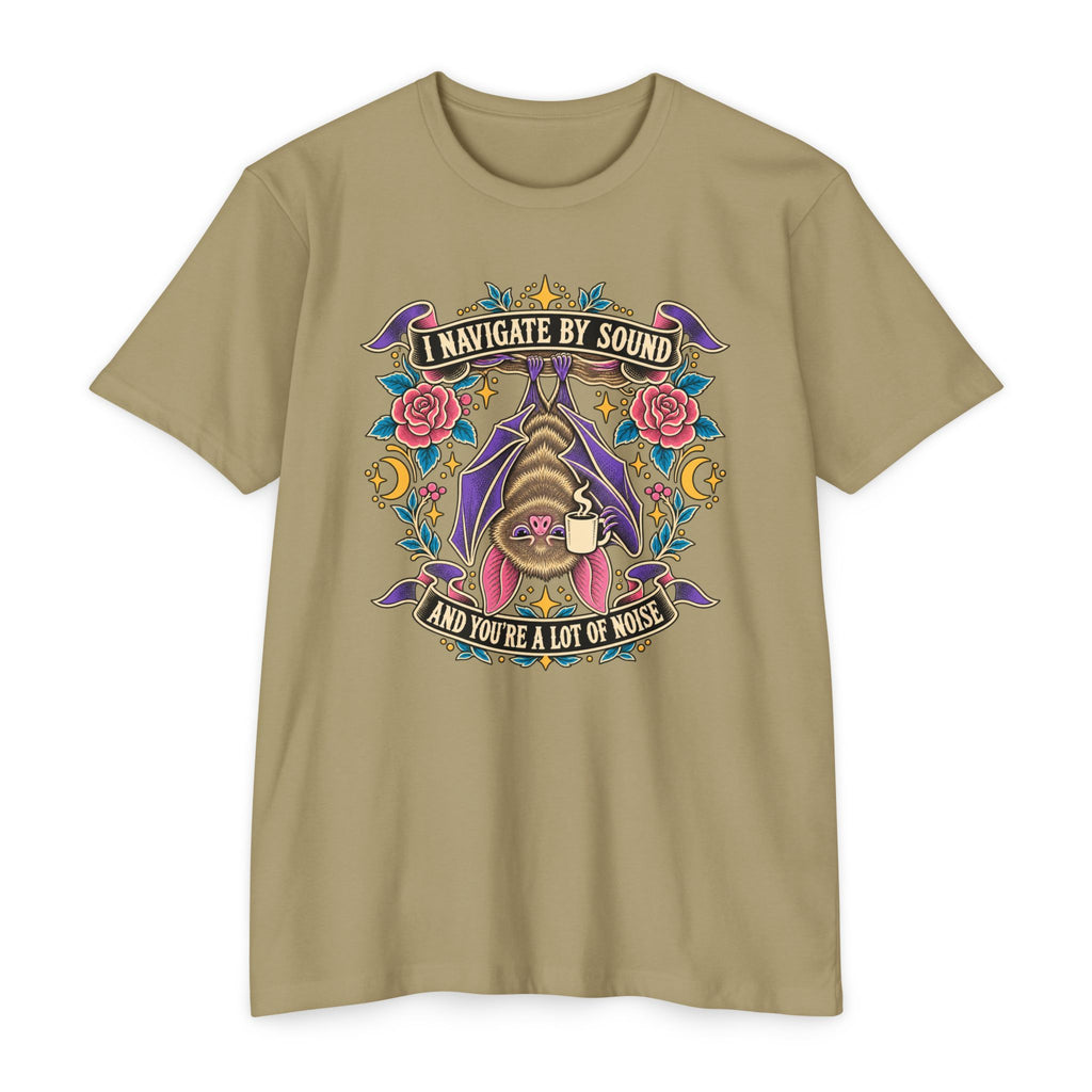 Light olive crew-neck T-shirt with colorful bat and floral graphic at center chest