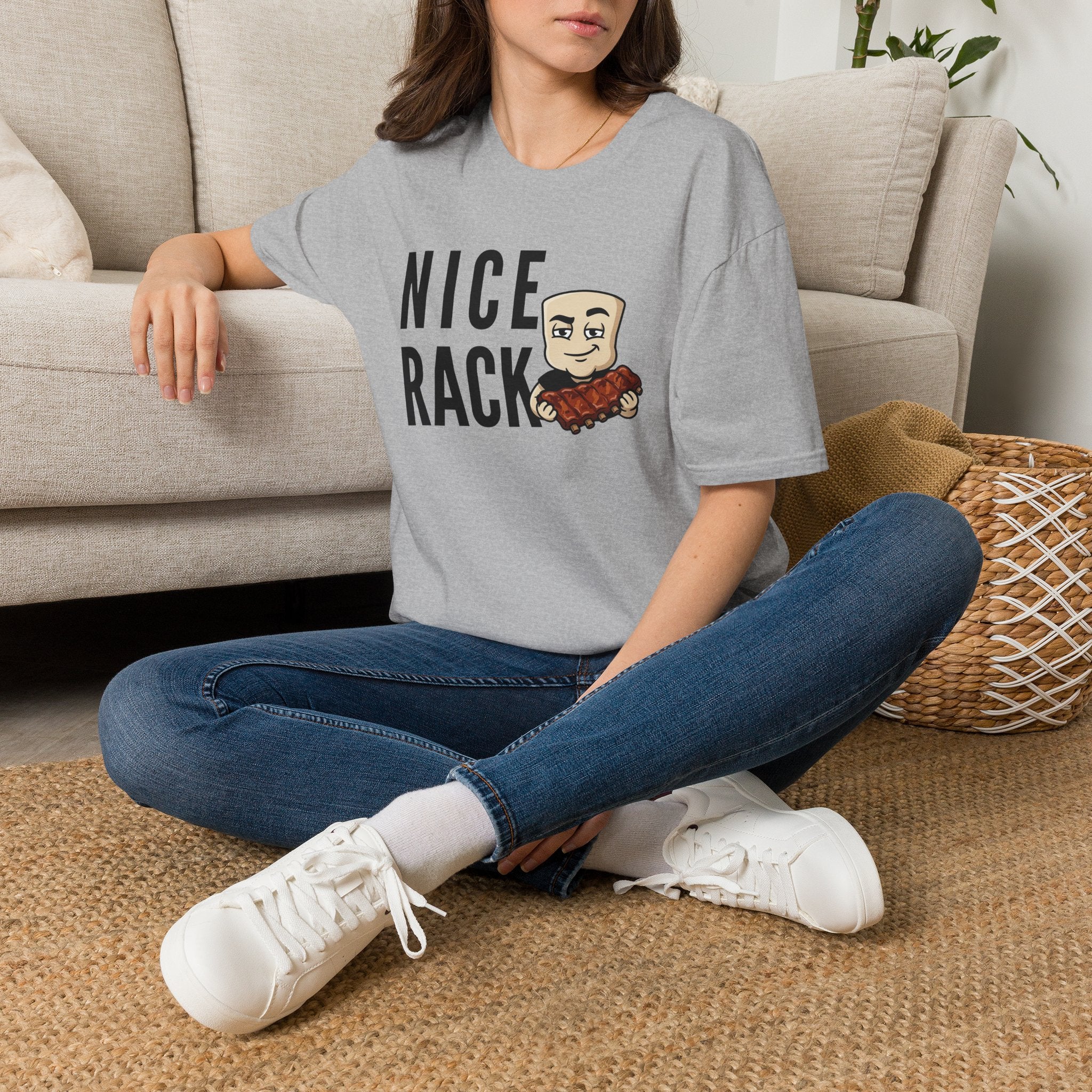 Nice Rack graphic T-shirt, light gray, crew neck, short sleeves, ribs cartoon print